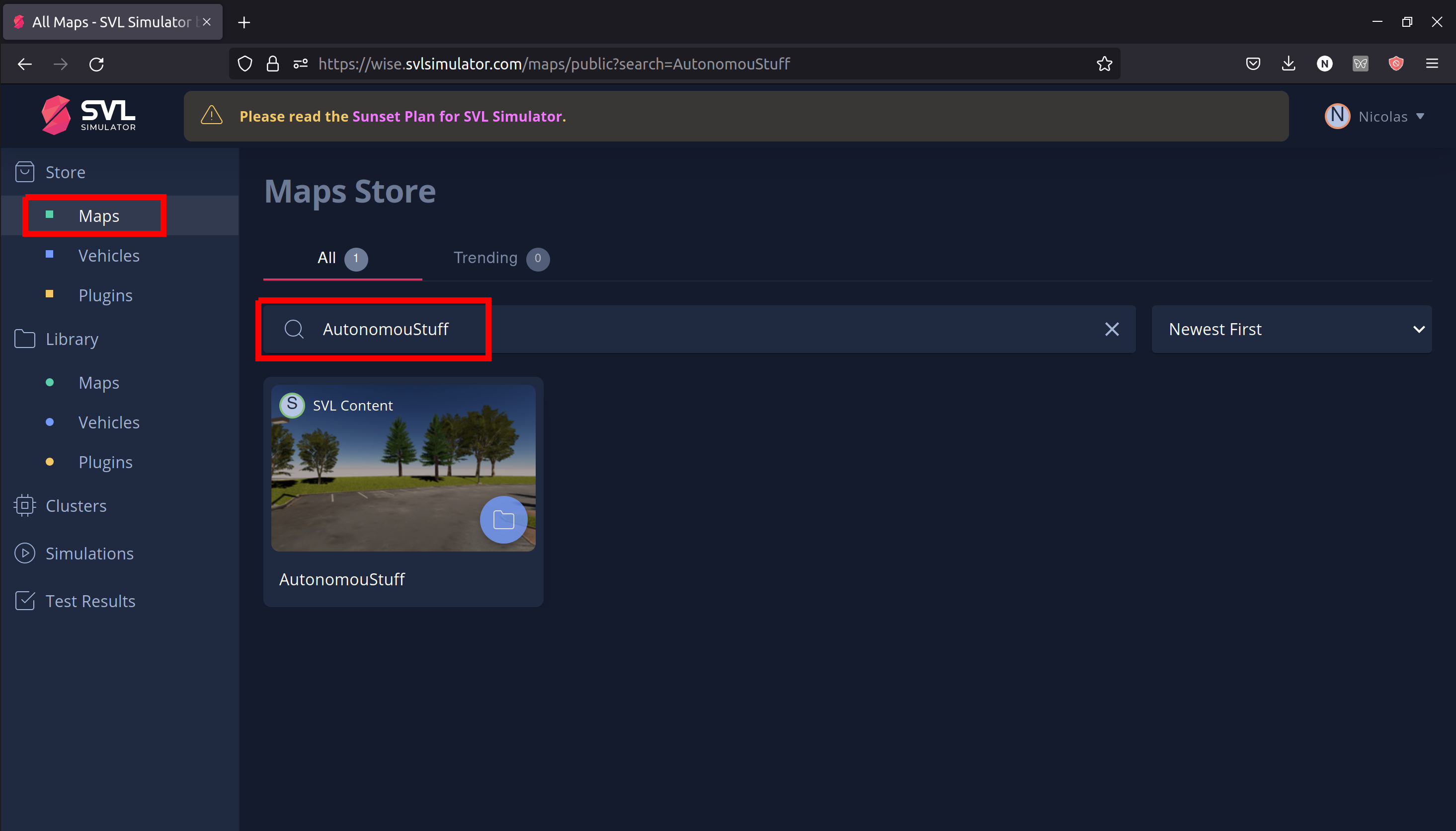 Autoware.Auto SVL store where you can select a map and a vehicle