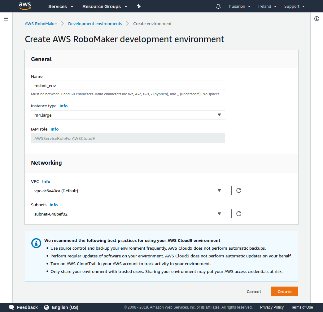 Create environment dialog