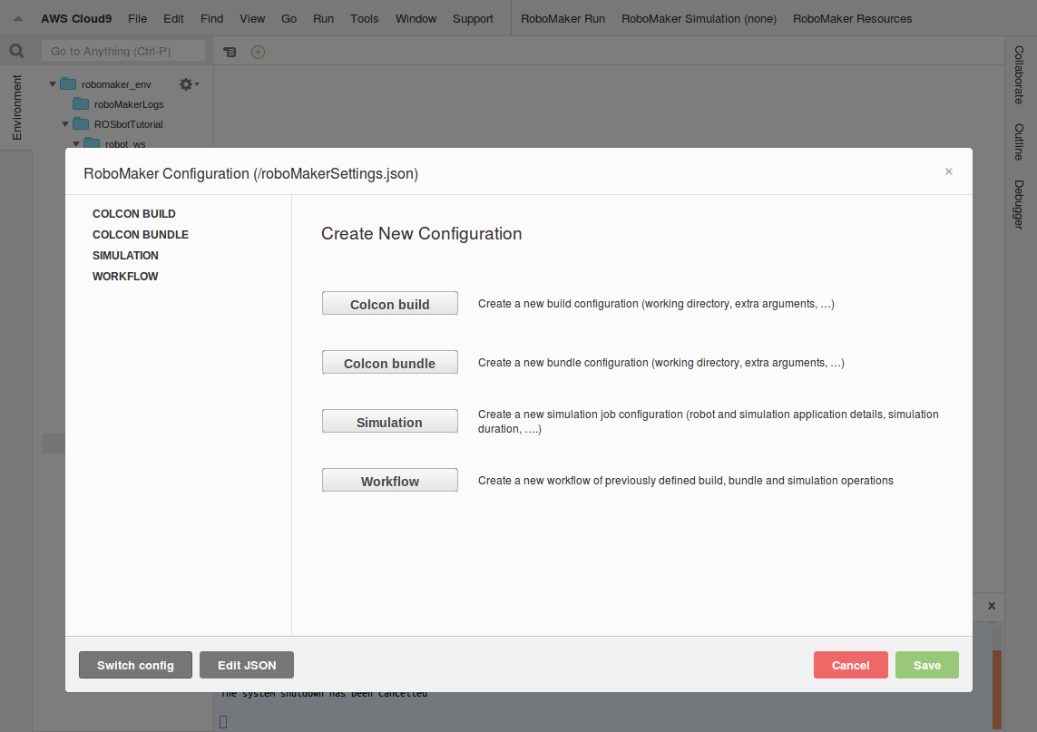 RoboMaker configuration dialog