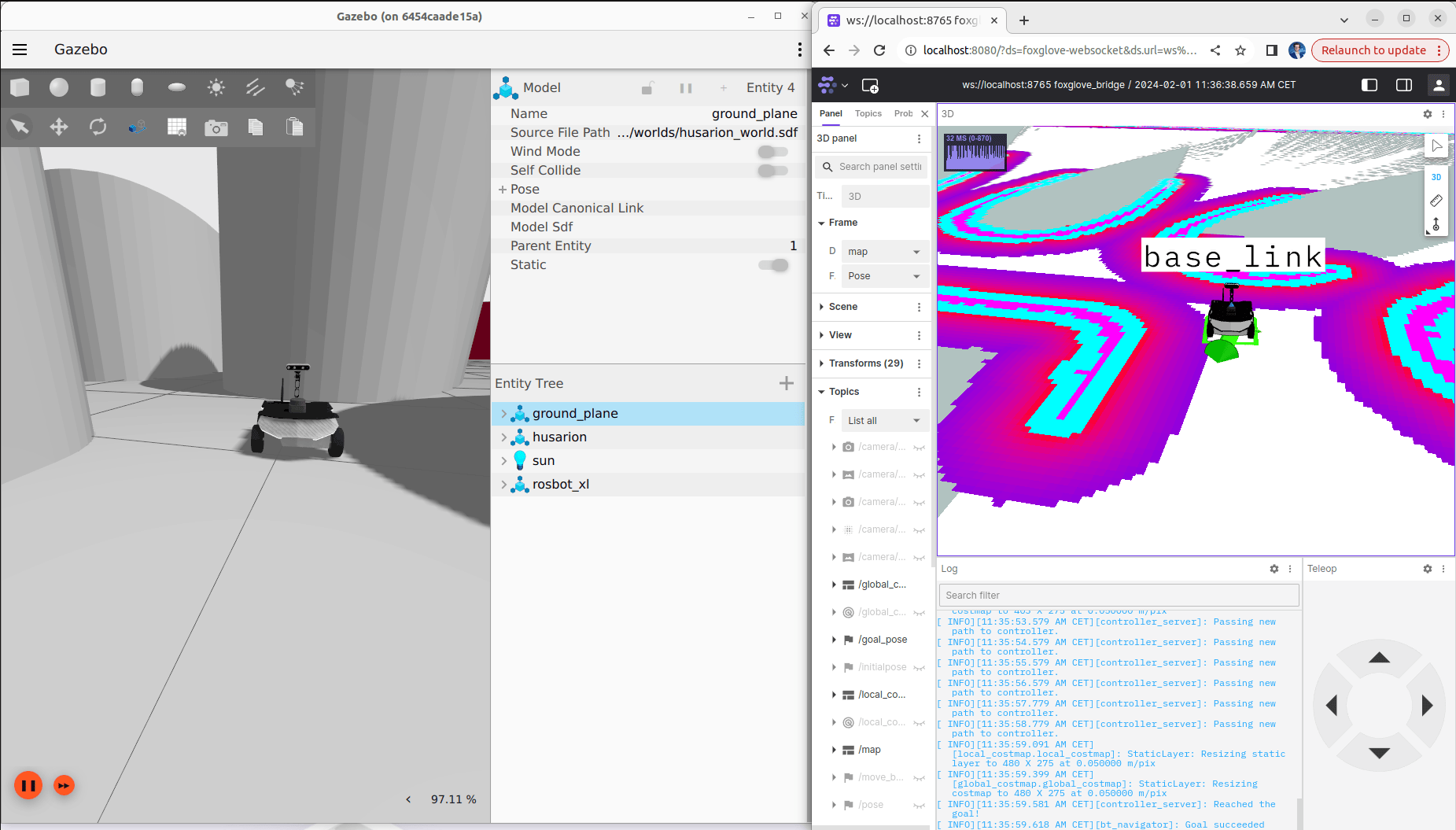 ROSbot XL running in Gazebo with Foxglove Web UI