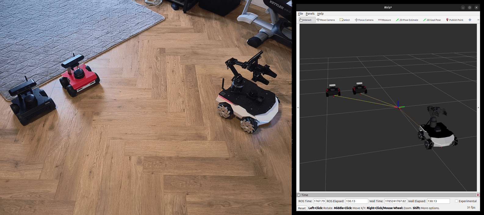 Three ROSbots merged into a single RViz view